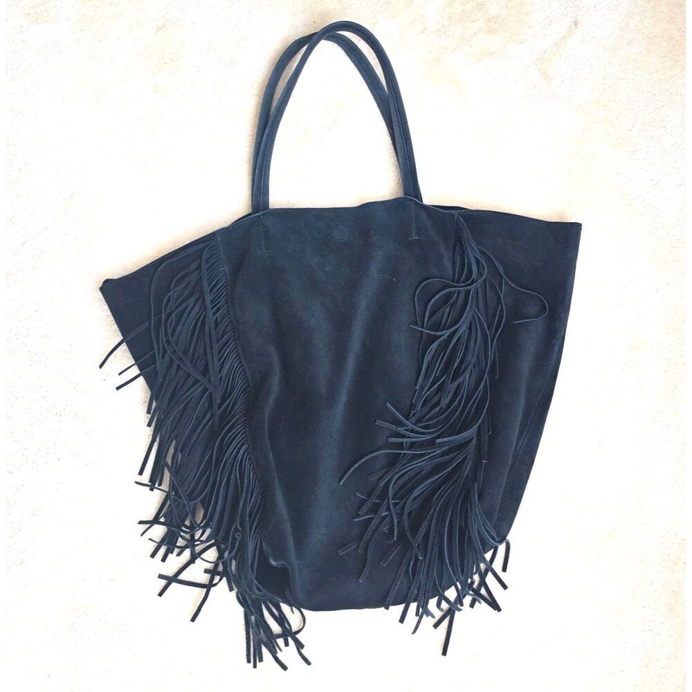 Linea Pelle Womens Black Leather Fringe Hobo Bag Magentic And Tie Closure